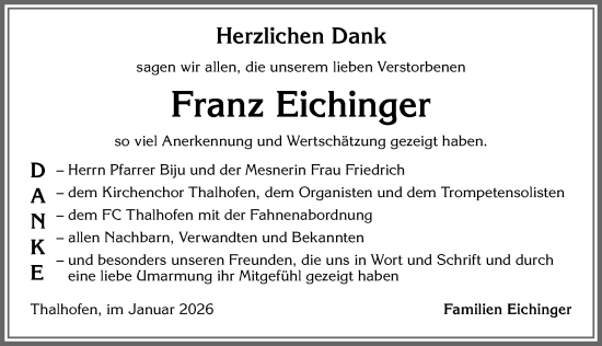 Traueranzeige von Franz Eichinger von Allgäuer Zeitung, Marktoberdorf