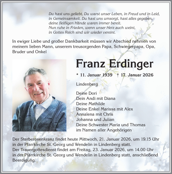 Traueranzeige von Franz Erdinger von Allgäuer Zeitung, Kaufbeuren/Buchloe