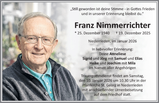 Traueranzeige von Franz Nimmerrichter von Memminger Zeitung