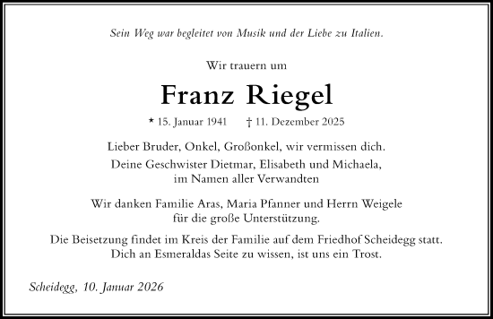 Traueranzeige von Franz Riegel von Der Westallgäuer