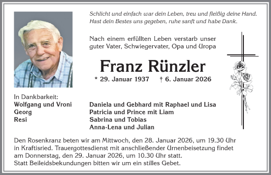 Traueranzeige von Franz Rünzler von Allgäuer Zeitung, Marktoberdorf