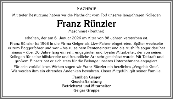 Traueranzeige von Franz Rünzler von Allgäuer Anzeigeblatt