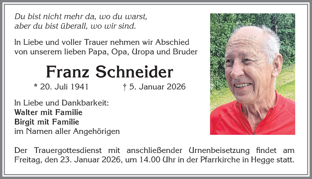  Traueranzeige für Franz Schneider vom 17.01.2026 aus Allgäuer Zeitung,Kempten