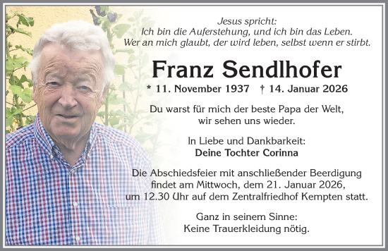 Traueranzeige von Franz Sendlhofer von Allgäuer Zeitung,Kempten