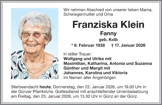 Traueranzeige von Franziska Klein von Memminger Zeitung