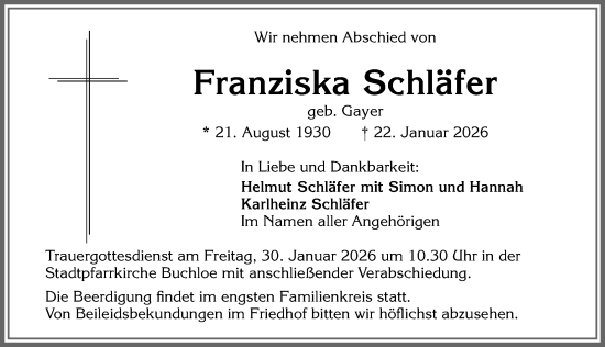 Traueranzeige von Franziska Schläfer von Allgäuer Zeitung, Kaufbeuren/Buchloe