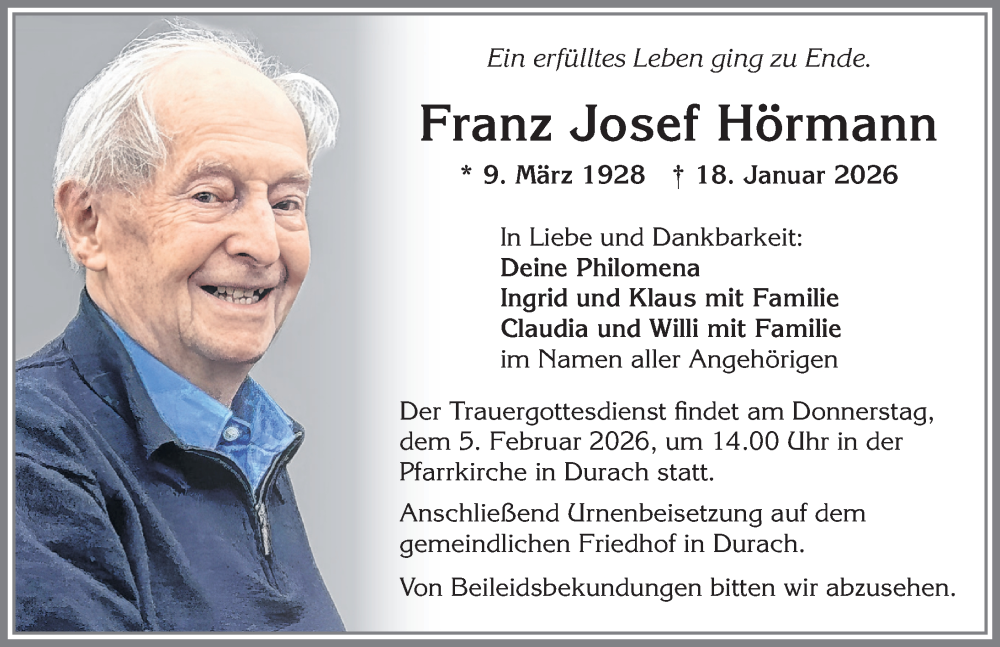  Traueranzeige für Franz Josef Hörmann vom 24.01.2026 aus Allgäuer Zeitung,Kempten