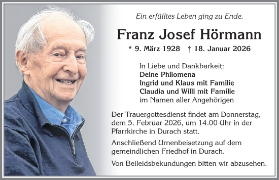 Traueranzeige von Franz Josef Hörmann von Allgäuer Zeitung,Kempten