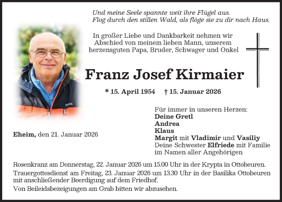 Traueranzeige von Franz Josef Kirmaier von Memminger Zeitung