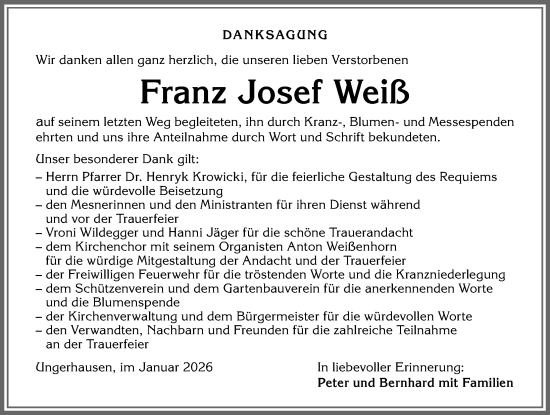 Traueranzeige von Franz Josef Weiß von Memminger Zeitung