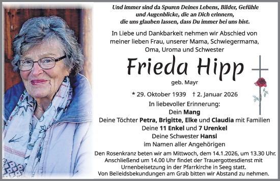 Traueranzeige von Frieda Hipp von Allgäuer Zeitung, Füssen