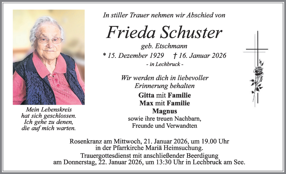  Traueranzeige für Frieda Schuster vom 20.01.2026 aus Allgäuer Zeitung, Füssen