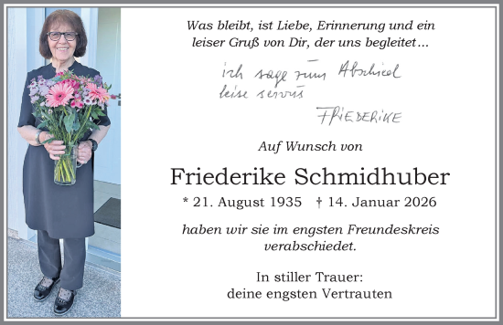 Traueranzeige von Friederike Schmidhuber von Memminger Zeitung