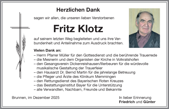 Traueranzeige von Fritz Klotz von Memminger Zeitung