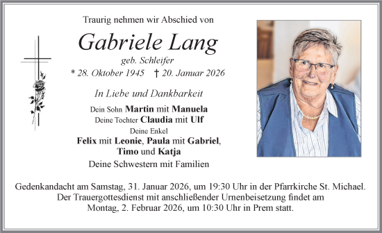 Traueranzeige von Gabriele Lang von Allgäuer Zeitung, Füssen