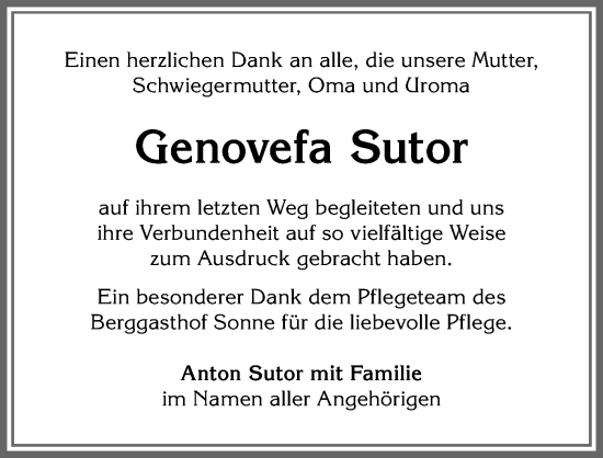 Traueranzeige von Genovefa Sutor von Allgäuer Anzeigeblatt