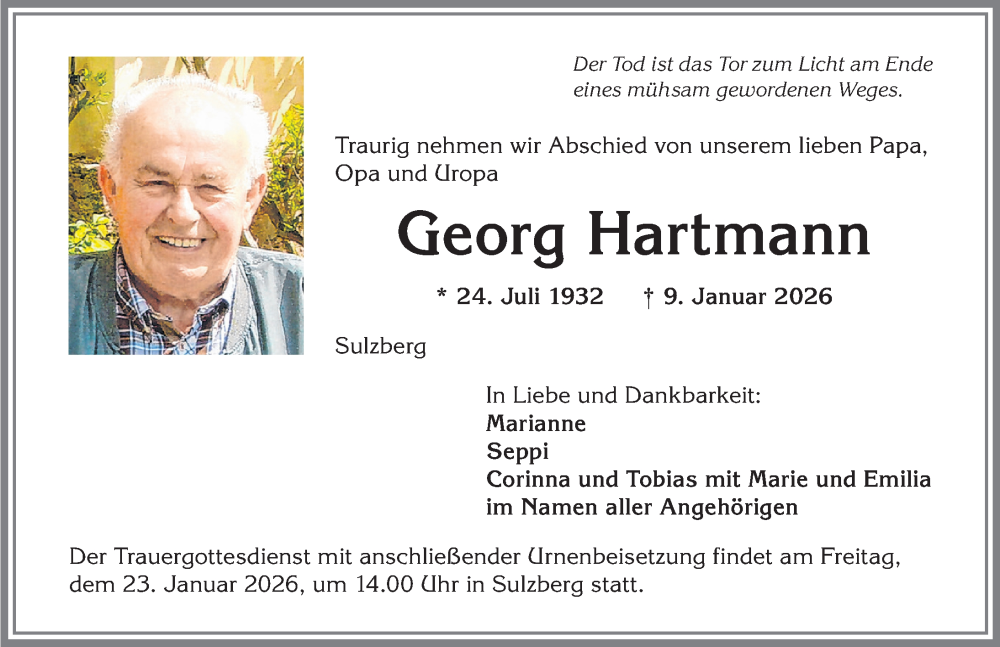  Traueranzeige für Georg Hartmann vom 17.01.2026 aus Allgäuer Zeitung,Kempten