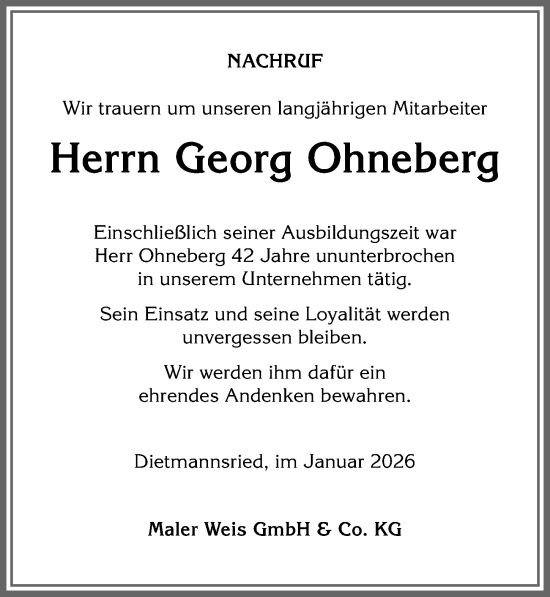 Traueranzeige von Georg Ohneberg von Allgäuer Zeitung,Kempten