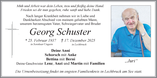 Traueranzeige von Georg Schuster von Allgäuer Zeitung, Füssen