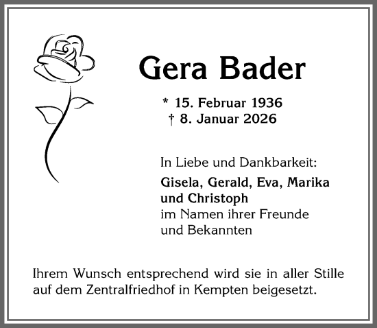 Traueranzeige von Gera Bader von Allgäuer Zeitung,Kempten
