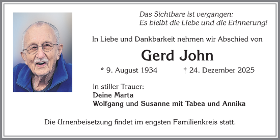 Traueranzeige von Gerd John von Allgäuer Zeitung,Kempten