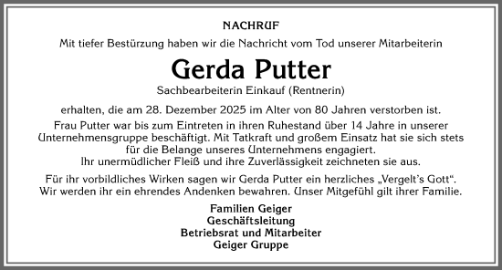 Traueranzeige von Gerda Putter von Allgäuer Anzeigeblatt