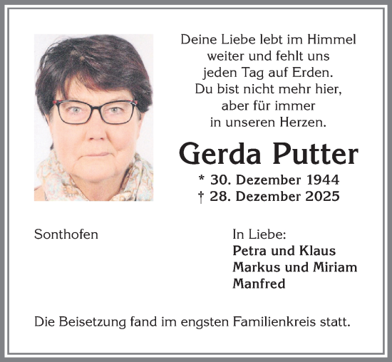 Traueranzeige von Gerda Putter von Allgäuer Anzeigeblatt