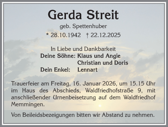 Traueranzeige von Gerda Streit von Memminger Zeitung