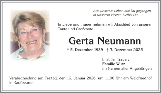 Traueranzeige von Gerta Neumann von Allgäuer Zeitung, Kaufbeuren/Buchloe