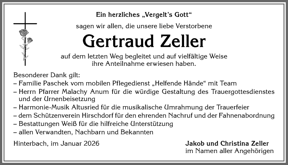  Traueranzeige für Gertraud Zeller vom 10.01.2026 aus Allgäuer Zeitung,Kempten