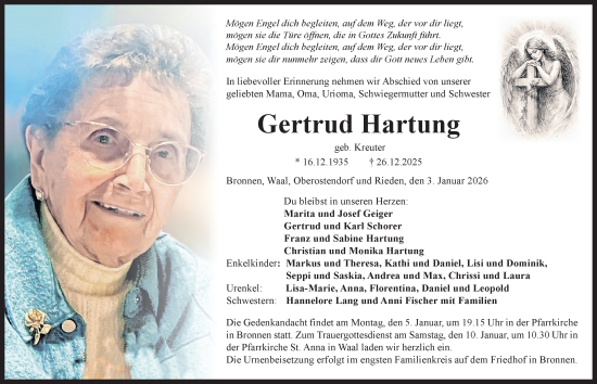 Traueranzeige von Gertrud Hartung von Allgäuer Zeitung, Kaufbeuren/Buchloe
