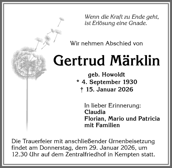 Traueranzeige von Gertrud Märklin von Allgäuer Zeitung,Kempten