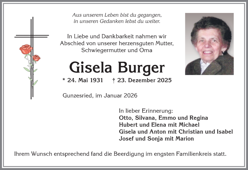 Traueranzeige für Gisela Burger vom 24.01.2026 aus Allgäuer Anzeigeblatt