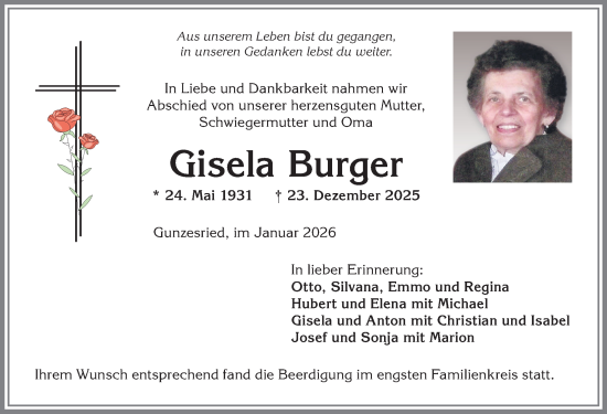 Traueranzeige von Gisela Burger von Allgäuer Anzeigeblatt