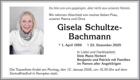 Traueranzeige von Gisela Schultze-Bachmann von Allgäuer Zeitung,Kempten