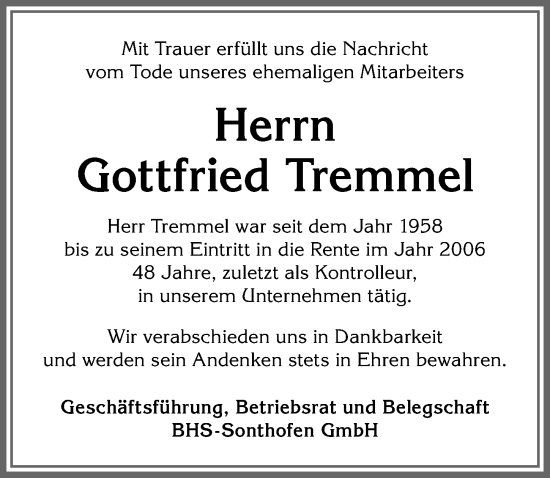 Traueranzeige von Gottfried Tremmel von Allgäuer Anzeigeblatt