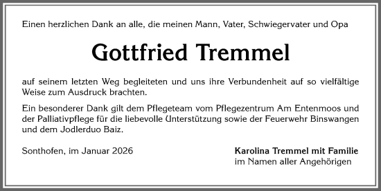 Traueranzeige von Gottfried Tremmel von Allgäuer Anzeigeblatt