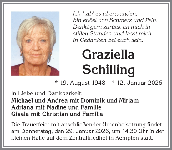 Traueranzeige von Graziella Schilling von Allgäuer Zeitung,Kempten