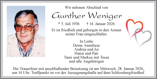 Traueranzeige von Gunther Weniger von Allgäuer Zeitung, Marktoberdorf