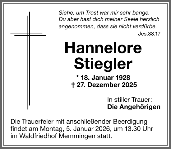 Traueranzeige von Hannelore Stiegler von Memminger Zeitung