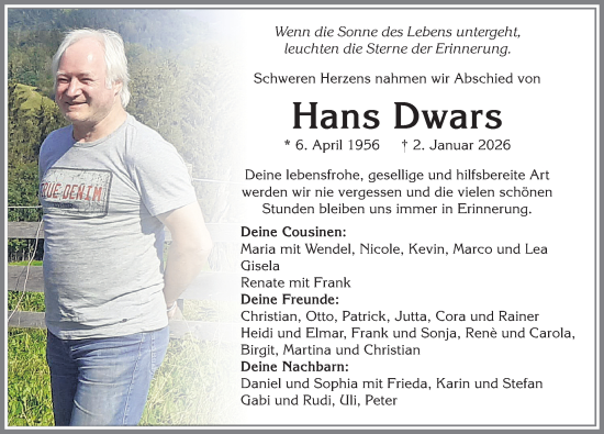 Traueranzeige von Hans Dwars von Allgäuer Zeitung,Kempten