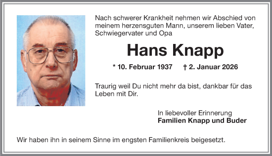 Traueranzeige von Hans Knapp von Memminger Zeitung