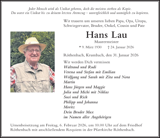 Traueranzeige von Hans Lau von Der Westallgäuer