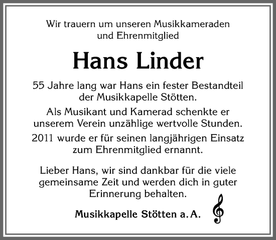 Traueranzeige von Hans Linder von Allgäuer Zeitung, Marktoberdorf