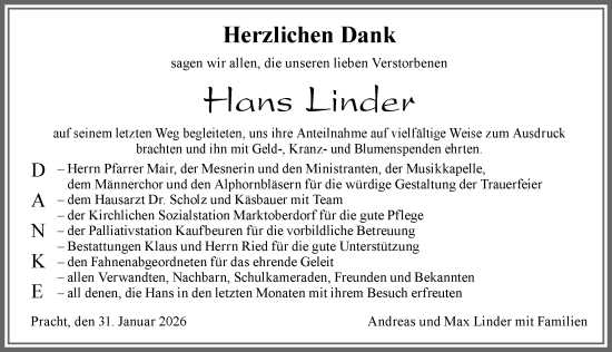 Traueranzeige von Hans Linder von Allgäuer Zeitung, Marktoberdorf