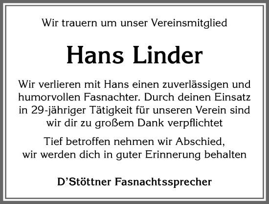 Traueranzeige von Hans Linder von Allgäuer Zeitung, Marktoberdorf