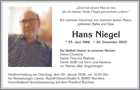 Traueranzeige von Hans Niegel von Allgäuer Zeitung, Kaufbeuren/Buchloe