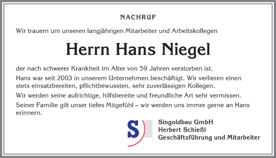 Traueranzeige von Hans Niegel von Allgäuer Zeitung, Kaufbeuren/Buchloe