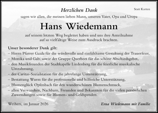 Traueranzeige von Hans Wiedemann von Der Westallgäuer