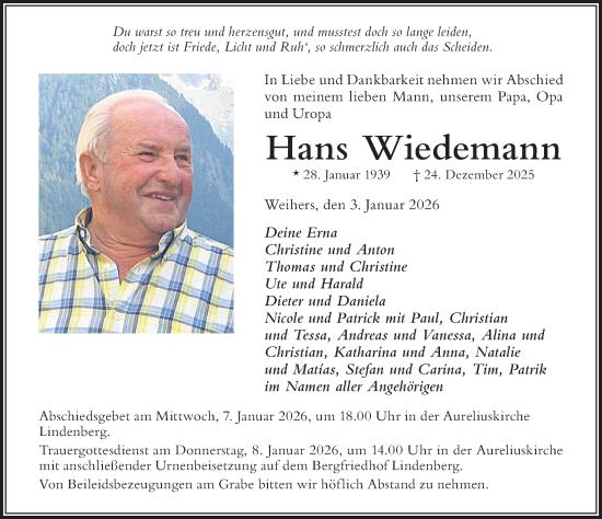Traueranzeige von Hans Wiedemann von Der Westallgäuer